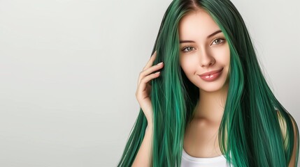Woman showcasing green sleek, shiny hair post-shampoo. Portrait of beauty and haircare.