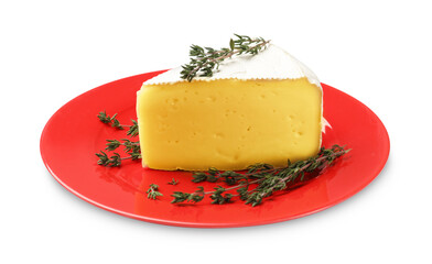 Plate with piece of tasty camembert cheese and thyme isolated on white