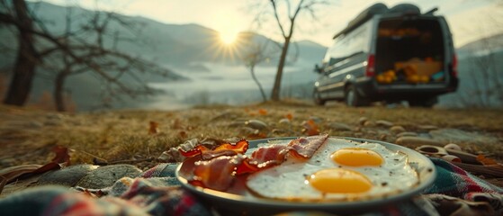 Van life cuisine, closeup bacon and eggs, outdoor offroad breakfast, lifestyle journey  , 8K , high-resolution, ultra HD,up32K HD - obrazy, fototapety, plakaty
