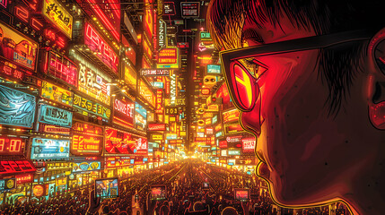 Digital art of a bustling cyberpunk cityscape at night, illuminated by a multitude of neon signs and advertisements