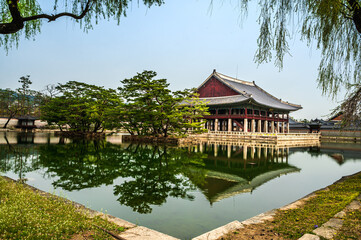 Royal Banquet Hall traditional Korean architecture of Gyeongbokgung Palace in Seoul South Korea