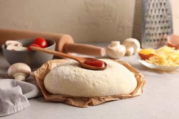 Pizza dough and products on gray textured table