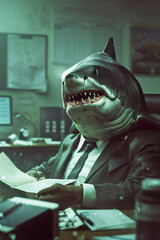 A professional business man manager in the form of a shark concept.