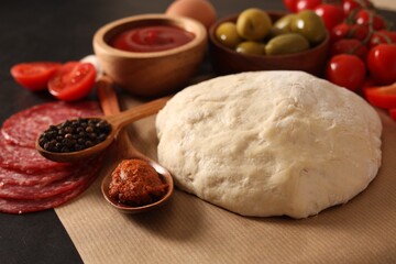 Pizza dough and products on table, closeup