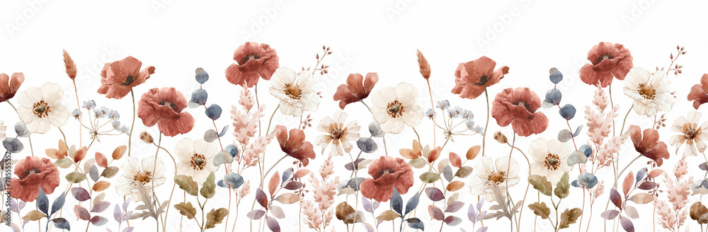 Wall mural beautiful horizontal floral seamless pattern with hand drawn watercolor autumn fall colors flowers. 