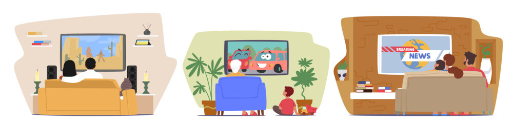 Cozy Scenes, Family Characters Gathered On Couch, Sharing Snacks, Laughter And Conversations While Immersed In Tv Show
