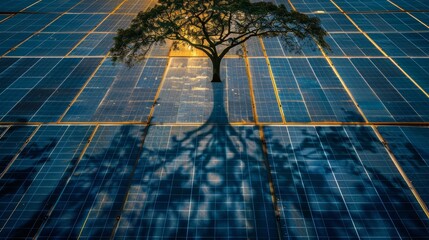 Environmental Concepts: A photo of a leafy tree casting a shadow over solar panels - obrazy, fototapety, plakaty