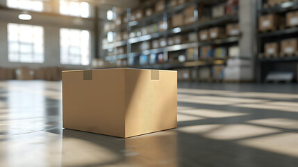 A cardboard boxe package in a big retail warehouse full of shelves. Indoor shot.