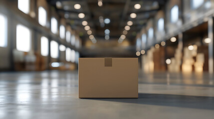 A cardboard boxe package in a big retail warehouse full of shelves. Indoor shot.