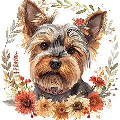 Watercolor Yorkshire Terrier Printable Clipart, Flowers Florals Animal Dog Art, Digital Paper Craft V3