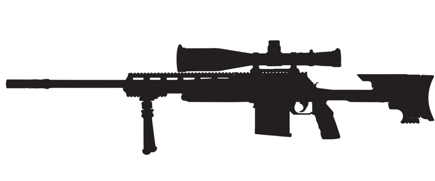 Black modern rifle sniper silhouette with telescopic sight and bipod on white background. Sniper icon. Sniper vector illustration.