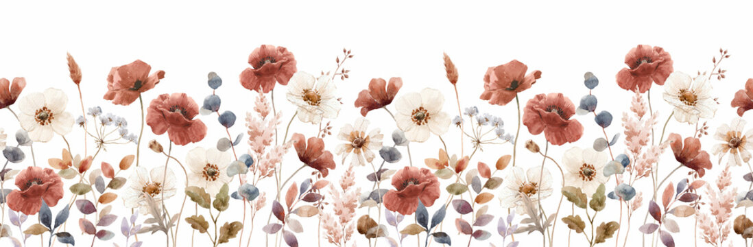 Beautiful horizontal floral seamless pattern with hand drawn watercolor autumn fall colors flowers. Stock floral illustration.