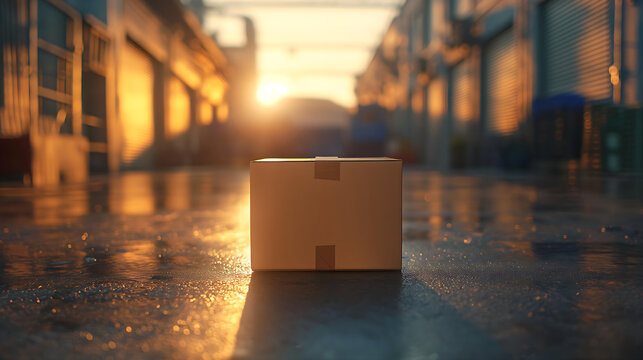 A cardboard boxe package in a big retail warehouse. outdoor shot.