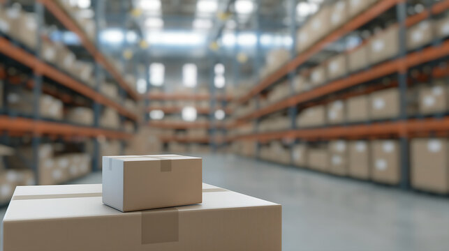 Two cardboard boxe package in a big retail warehouse full of shelves. Indoor shot.