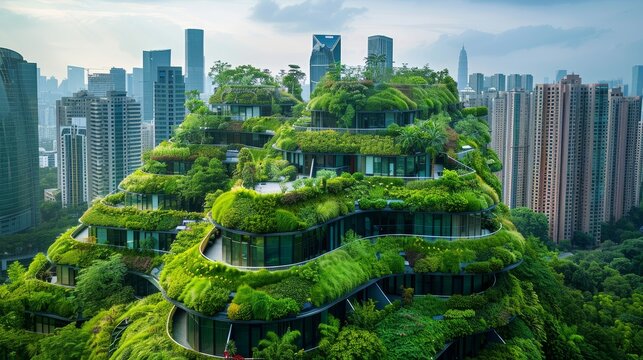 Environmental Conservation: A photo of a city skyline with green rooftops and vertical gardens
