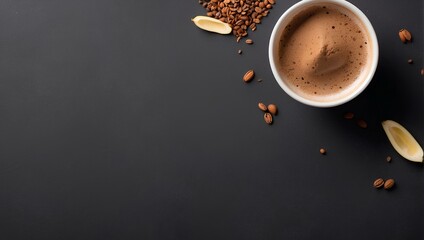 cup of coffee with beans with black background and copy space 