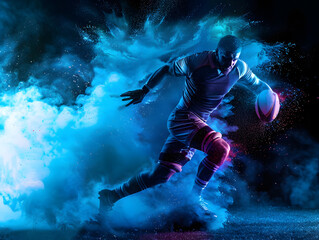 A rugby player runs with a ball through colored dust. AI generated. 