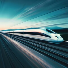 Obraz premium Minimalist high-speed train moving through a landscape, motion blur, abstract business growth metaphor, text space above.