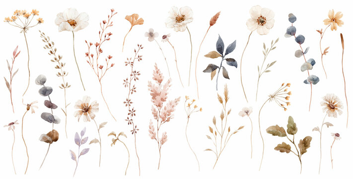 Beautiful floral set with watercolor hand drawn gentle autumn fall flowers. Stock floral illustration. Nature clip art.