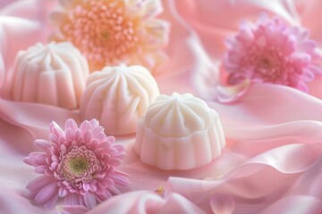 Pink flowers arranged on pink cloth create a sweet, closeup scene