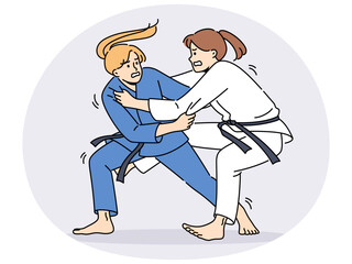 Women in karate kimonos fighting on ring. Female athletes in uniform involved in martial arts. Sport and competition. Vector illustration.