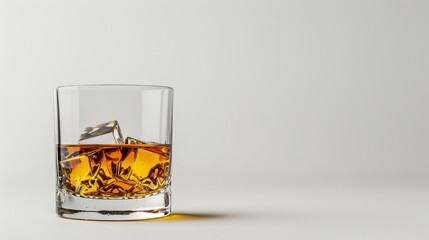 Whiskey on the rocks  glass with ice cubes on minimalist background for text placement