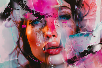 Abstract digital collage mixing women's faces and painting