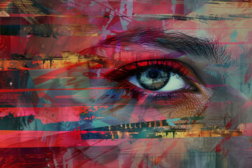 Abstract digital collage mixing women's eye and painting