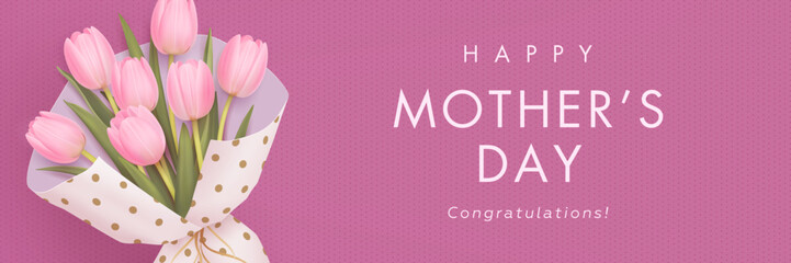 Mothers day horizontal billboard or web banner with realistic 3d pink tulips background. Floral festive elegant wallpaper. Vector illustration