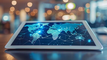 Technology and Communication: An image of a digital tablet with a world map on the screen