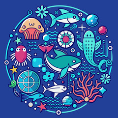 World Ocean Day illustration | Deep ocean life illustration oulines