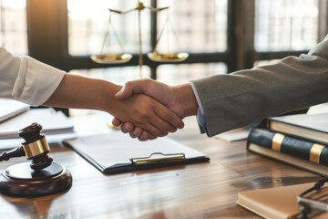 A business person shaking hands with a lawyer in his office, symbolizing the start of their collaboration and trust Generative AI - obrazy, fototapety, plakaty