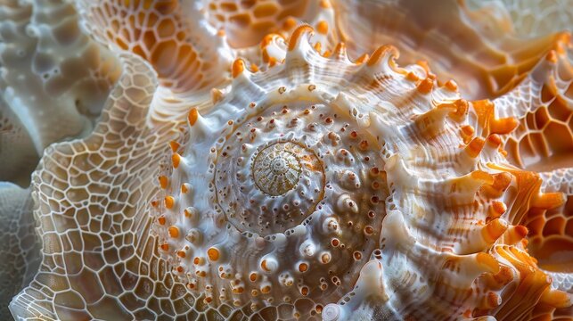 Textures and Patterns: A photo macro close-up of the intricate patterns and textures on a seashell,