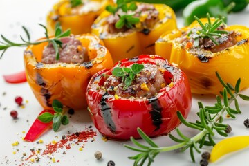 Closeup of stuffed peppers dish on table, showcasing natural foods and garnish