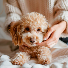 Concept of Toy Poodle dog care by the woman close-up, pet care concept, realistic illustration, generative ai - 785558154