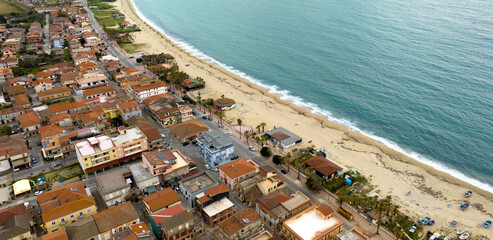 Aerial view of Nicotera Marina, a seaside hamlet of the municipality of the same name located on a hill in southern Italy. Small village along the coast of the Mediterranean Sea.