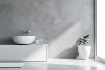 Fototapeta na wymiar A bathroom with a grey sink, rectangle tub, and a houseplant by the window
