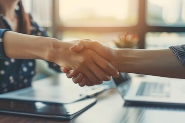 Two business people shaking hands over an office desk, closeup of handshakes and professional attire The concept symbolizes trust Generative AI - obrazy, fototapety, plakaty