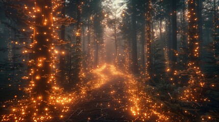 Illuminated Path Through Forest