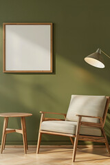 Modern interior with a blank wooden frame, chair, and table under a lamp.