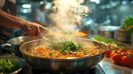 Steam rising from a pot as chefs stir a rich, aromatic broth filled with fresh herbs and vegetables, the kitchen bustling with energy - obrazy, fototapety, plakaty