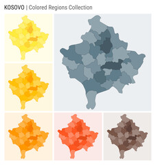 Kosovo map collection. Country shape with colored regions. Blue Grey, Yellow, Amber, Orange, Deep Orange, Brown color palettes. Border of Kosovo with provinces for your infographic.