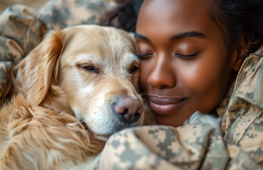 Animals and people in military service. Black military woman with her Golden Labrador Retriever  dog. Military dog veteran.