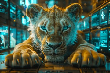 A lion with sleek, metallic claws and glowing blue eyes, surrounded by a backdrop of glitchy digital screens and holographic advertisements in a cyberpunk world , glossy yellow tones, hd 8k