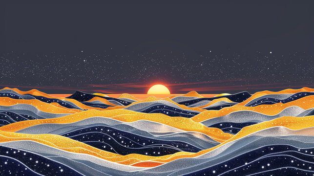 Motivational sunrise design with yellow and orange on a navy sky and silver glow. - Powered by Adobe