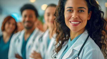 Portrait of beautiful multiracial woman healthcare worker, looking at camera and smiling. 
