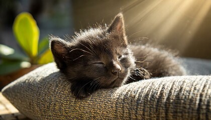 Ultra detailed cute baby black cat sleeping on a pillow in the sunshine - Powered by Adobe