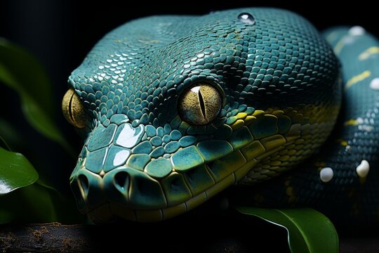 A lithe green tree python draped over the sturdy branch of a towering tree, its emerald scales blending seamlessly with the verdant foliage