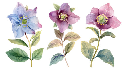 Collection of hellebore flowers watercolor cutout png isolated on white or transparent background
 - obrazy, fototapety, plakaty