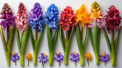   A row of colorful flowers aligns next to a row of green stems on a white surface